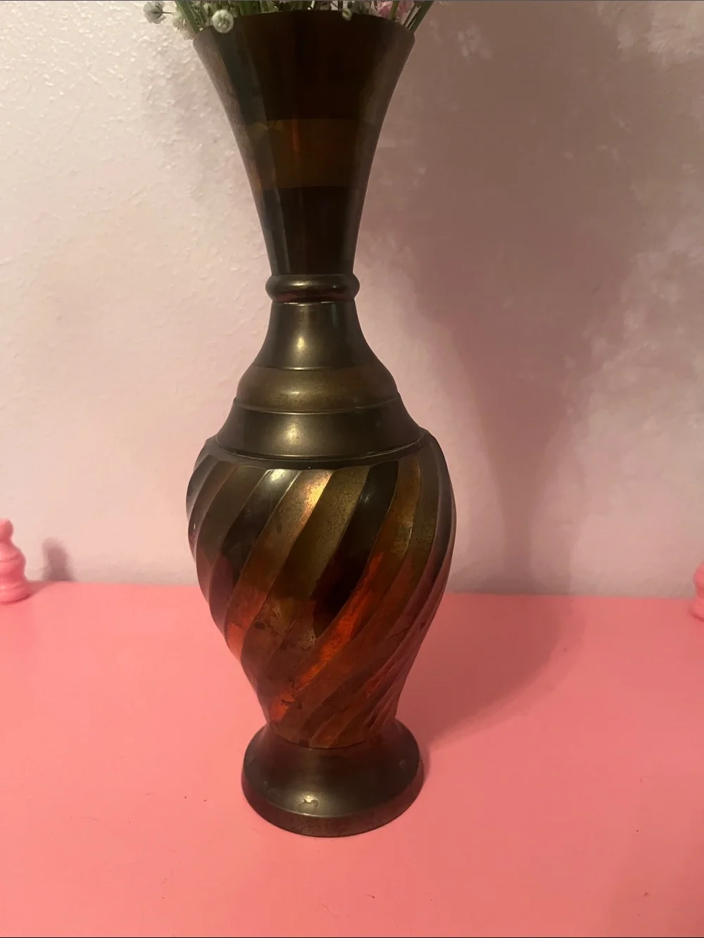 Tricolored vintage brass vase made in India 10.5 inches tall